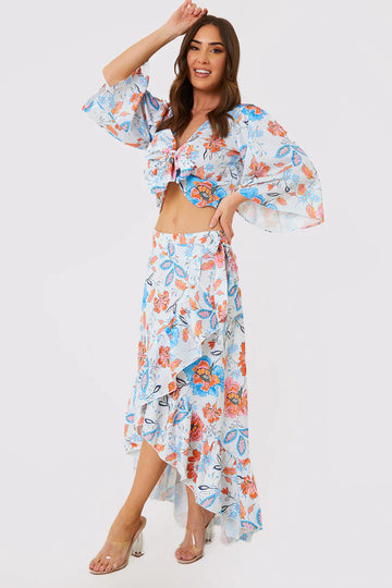 Multi Floral Frill Detail Wrap Maxi Skirt